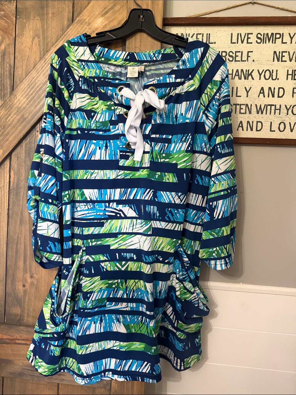 Saint Tropez West Blue, Green & White Lace-Up Tunic  Swim Dress Coverup Medium